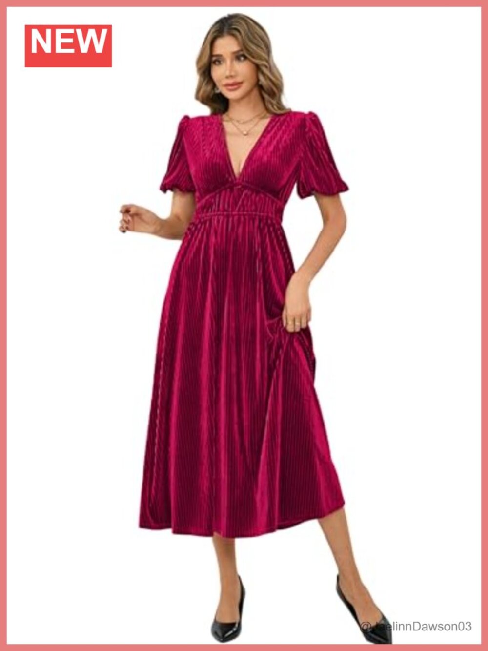 Velvet High Waist Midi Dress Puff Sleeve V Neck A-Line Fall Winter